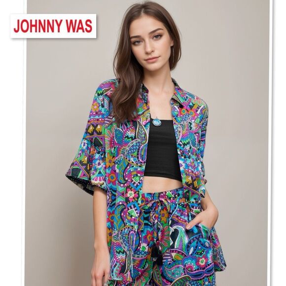Johnny Was Demarne Ruffle Sleeve Tunic Shirt Top R24924 XS Multi Boho Chic - Picture 3 of 16